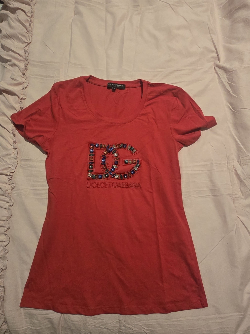 Dolce & Gabbana Red Short Sleeve Tee with Jeweled DG Logo